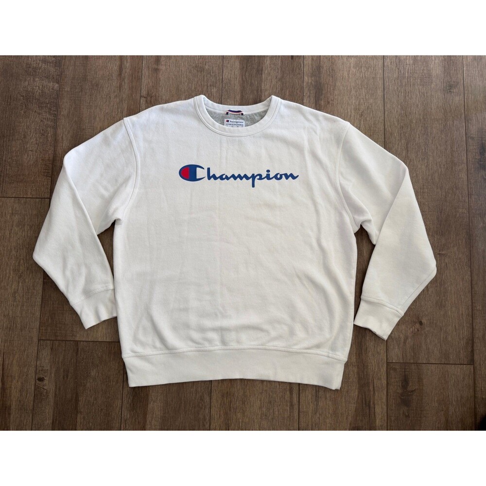 Champion White Crewneck Sweatshirt Blue graphic logo, men’s XL